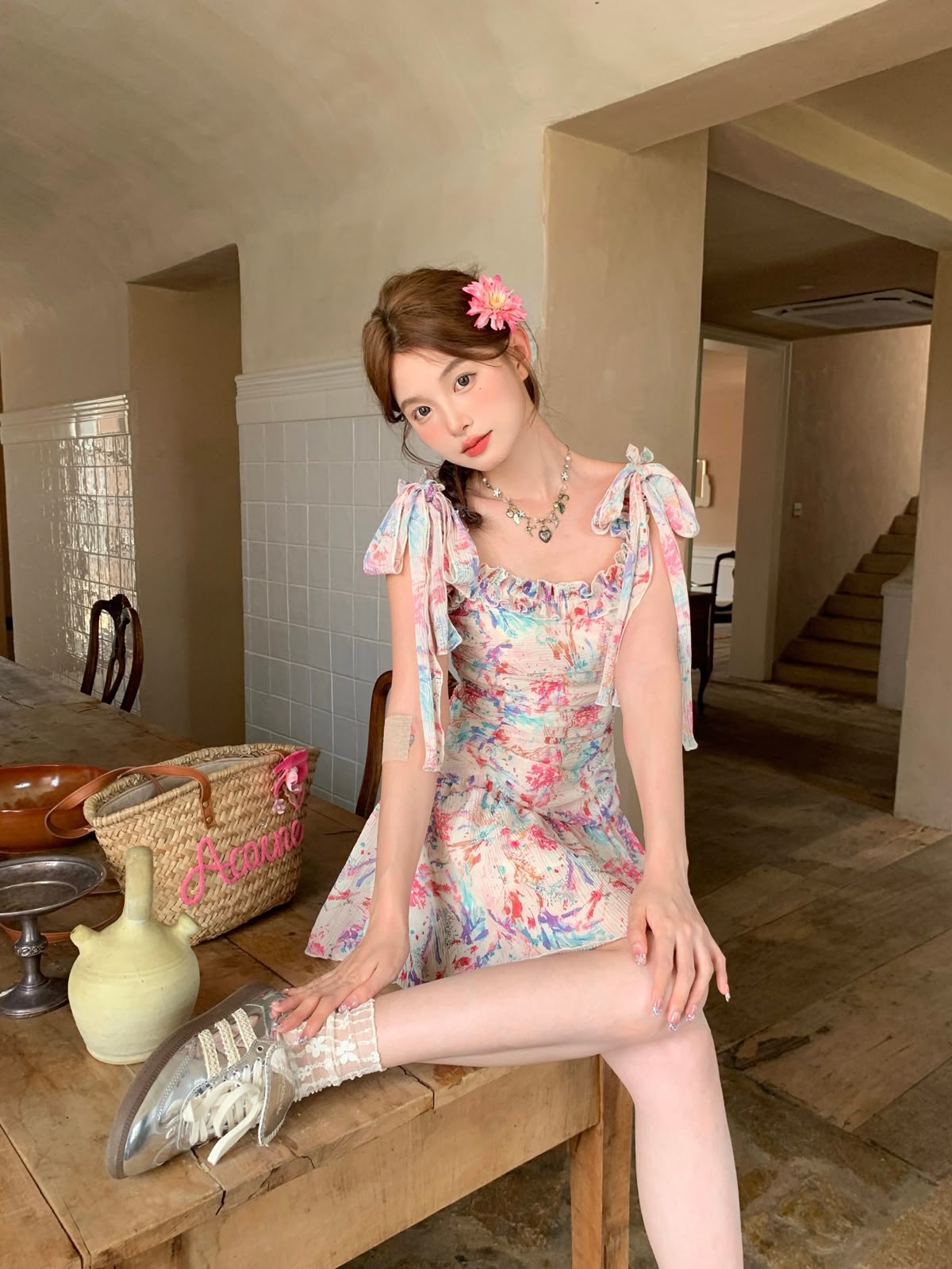 Colorful suspenders with lace-up waist slimming A-line short skirt homecoming dress R3875