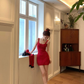 Red suspenders sexy waist slim A-line short skirt homecoming dress R3350