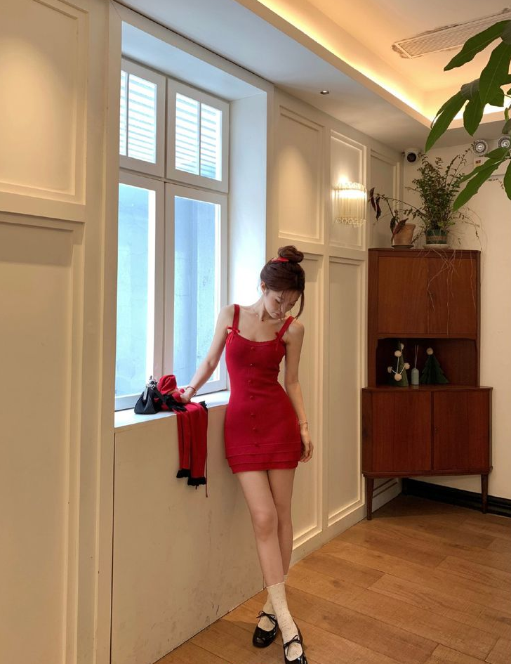 Red suspenders sexy waist slim A-line short skirt homecoming dress R3350