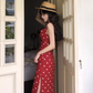 Retro mid-length polka dot dress French style holiday style sexy slim suspender skirt R1495
