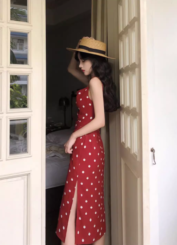 Retro mid-length polka dot dress French style holiday style sexy slim suspender skirt R1495