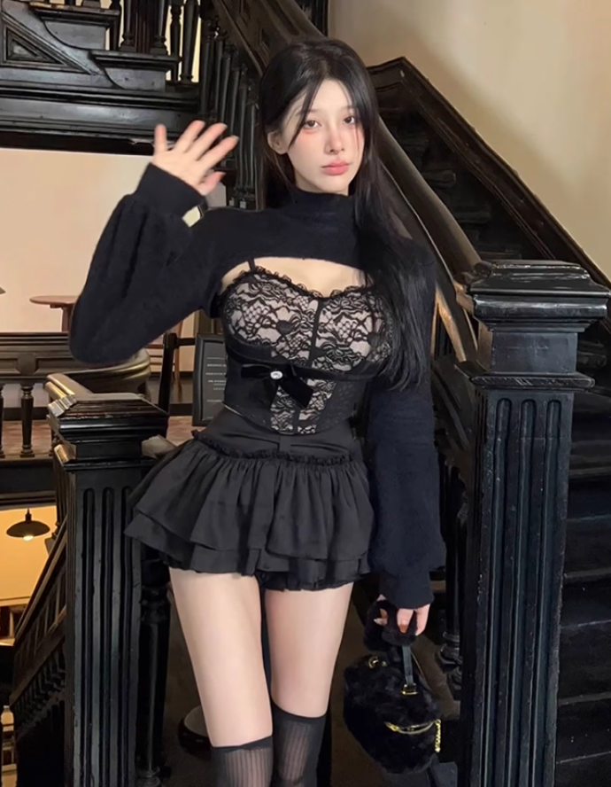 Pure desire design lace suspender tube top 2025 large size puffy skirt suit R1255