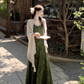 Dark green jacquard dress retro Chinese style suspender long skirt plus cardigan two-piece set R1736