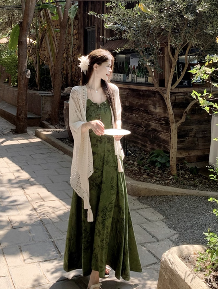 Dark green jacquard dress retro Chinese style suspender long skirt plus cardigan two-piece set R1736