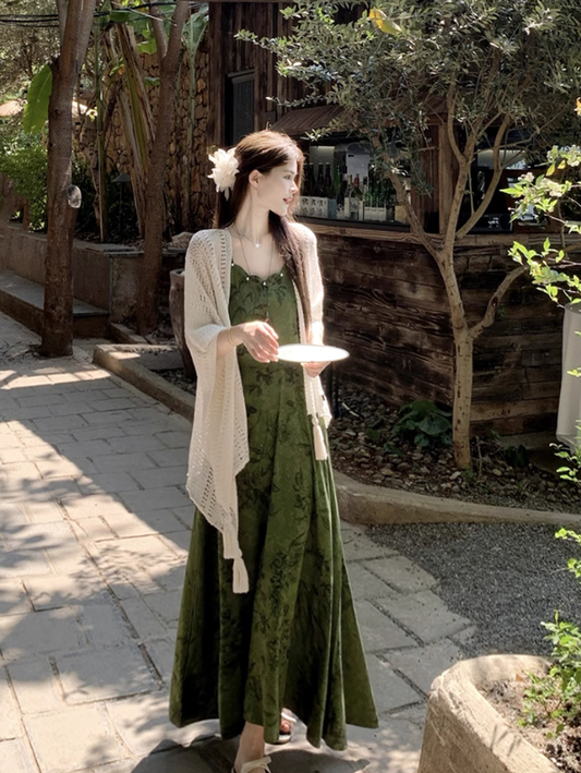 Dark green jacquard dress retro Chinese style suspender long skirt plus cardigan two-piece set R1736