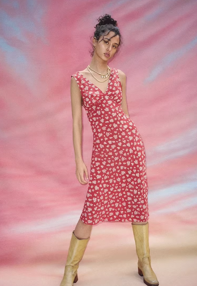 Dress short niche retro saffron V-neck sleeveless backless suspender long dress R2904