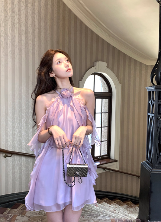 Purple ruffled halter neck off-shoulder suspender dress summer French temperament skirt R4666
