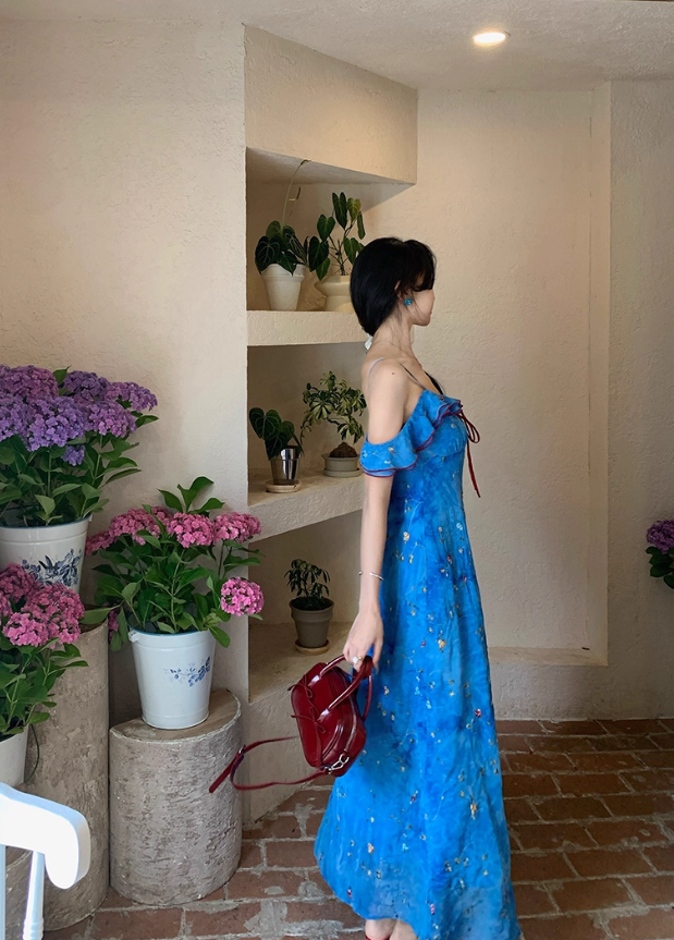 French blue floral suspender dress for women summer vacation fairy off-shoulder long dress R4375