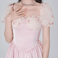 Floral dress women's summer puff sleeve A-line short skirt new pink high-end skirt R4454