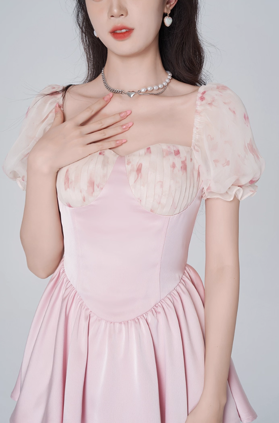 Floral dress women's summer puff sleeve A-line short skirt new pink high-end skirt R4454