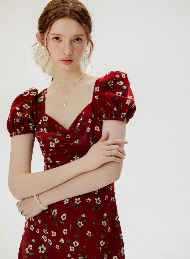 French floral red dress 2025 high-end wear R2703