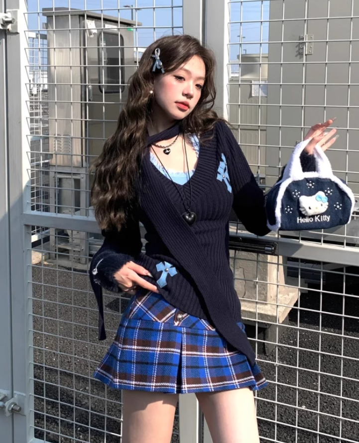 Large size American high street V-neck sweater bottoming sling retro plaid skirt suit R1857