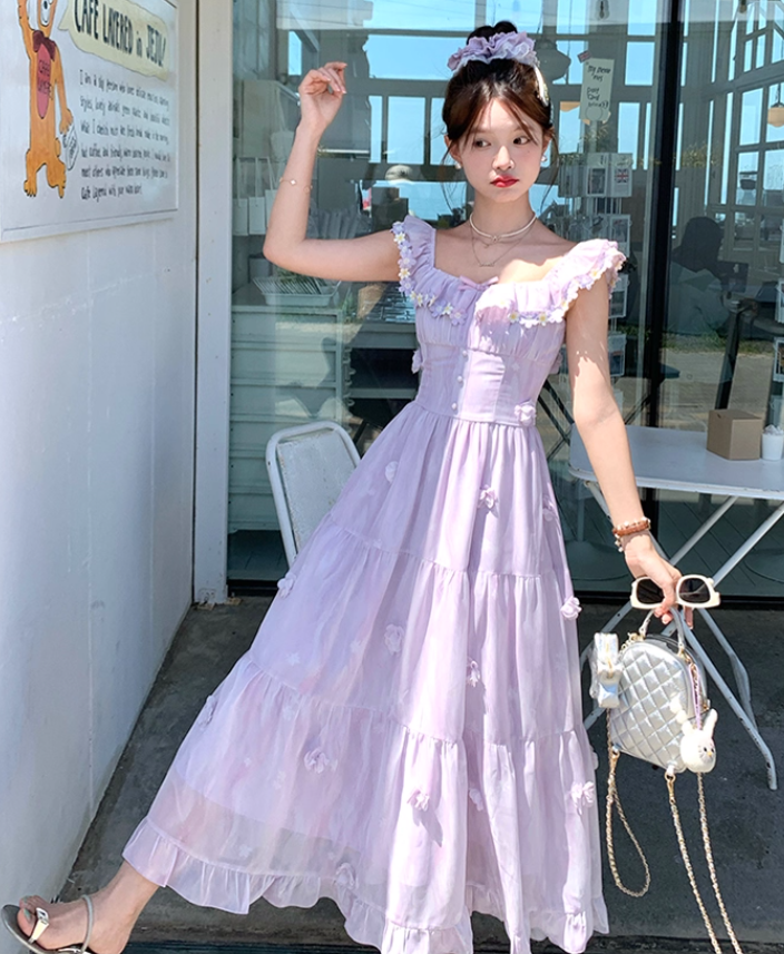 Purple square neck small flying sleeve suspender dress summer French style waist slim temperament skirt R4705