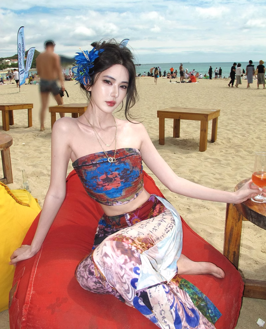 Holiday style retro print tube top vest irregular hip skirt two-piece set R0894