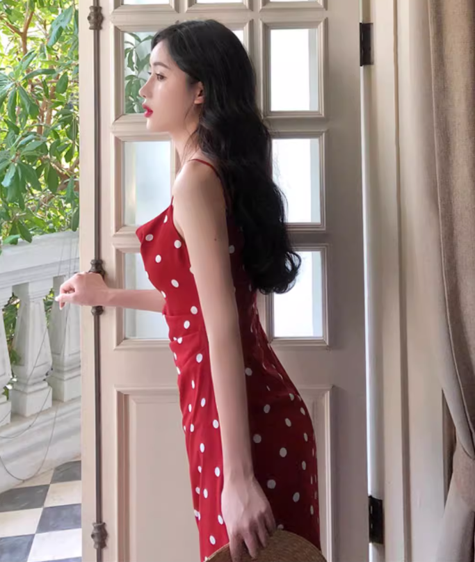 Retro mid-length polka dot dress French style holiday style sexy slim suspender skirt R1495