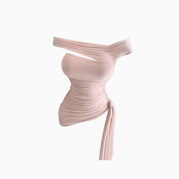 Pure desire design one shoulder short top 2025 gentle style pleated slim fit top R1070