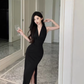 Retro temperament V-neck pleated sleeveless halter dress high-end holiday slit long skirt R1549