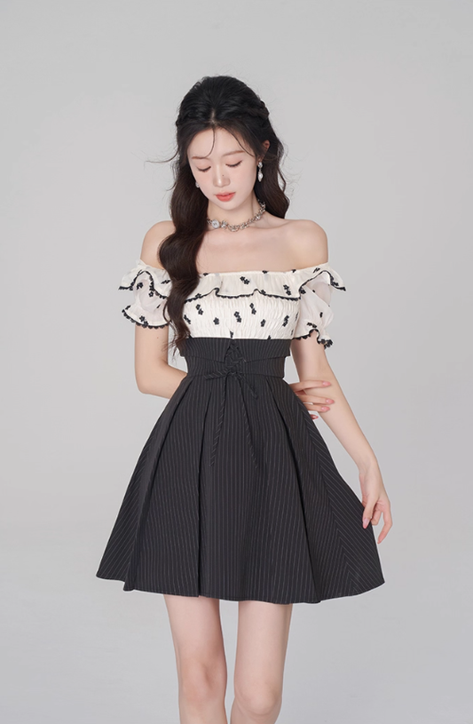 Tea break French dress puff sleeve A-line skirt new style high waist embroidered short skirt R4499