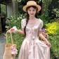 Pink long v-neck short-sleeved waist dress summer French retro temperament high-end dress R4743