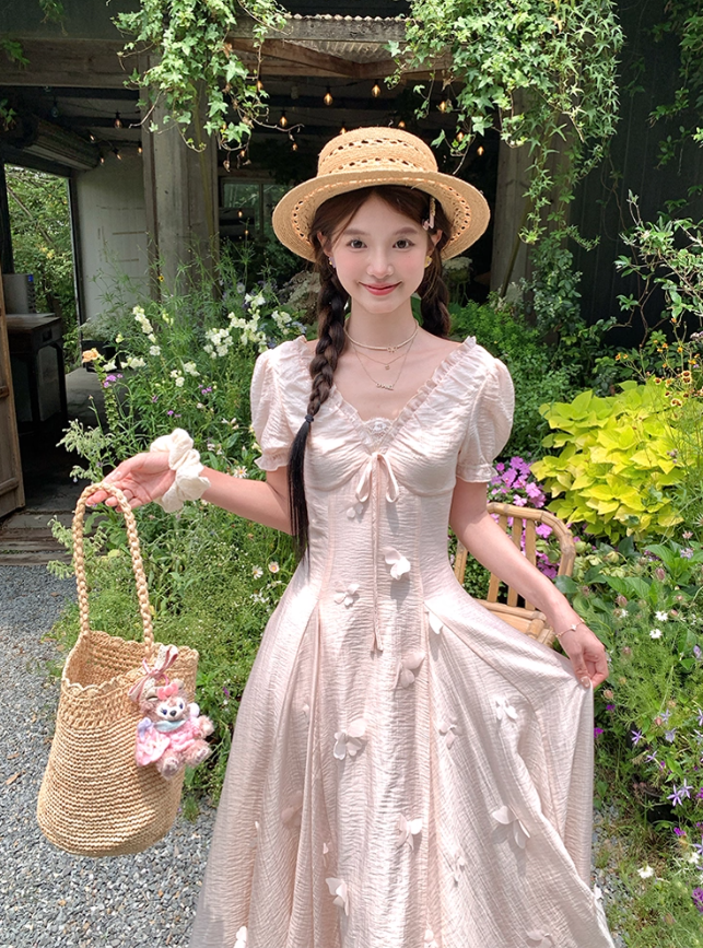 Pink long v-neck short-sleeved waist dress summer French retro temperament high-end dress R4743