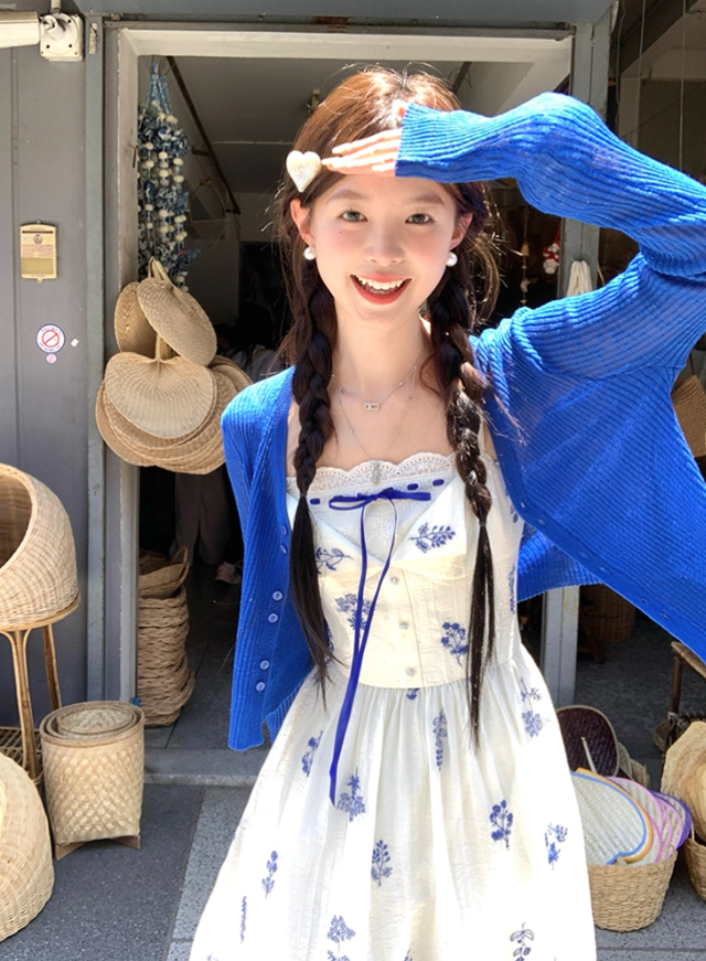 Women's summer French retro slim fit dress with waist suspenders R4698