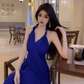 French seaside holiday long dress, temperament and slim red v-neck halter neck drape dress R1600