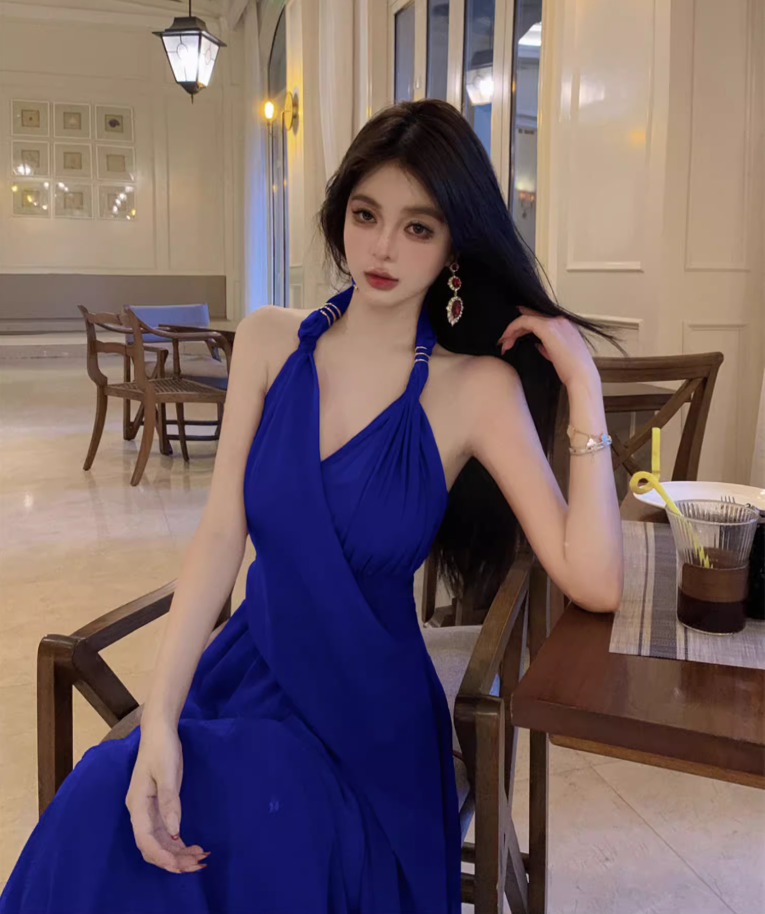 French seaside holiday long dress, temperament and slim red v-neck halter neck drape dress R1600