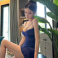 Dark blue lace suspenders waist slim fit sexy mini skirt homecoming dress R3771