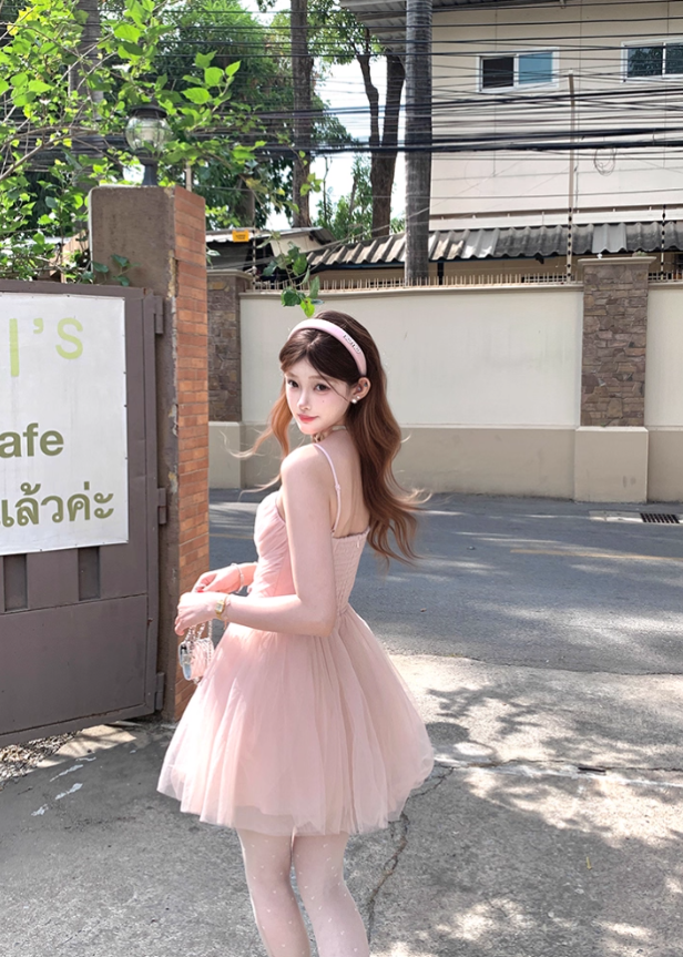 Pink waist chiffon suspender dress for women summer French retro temperament slim skirt R4866