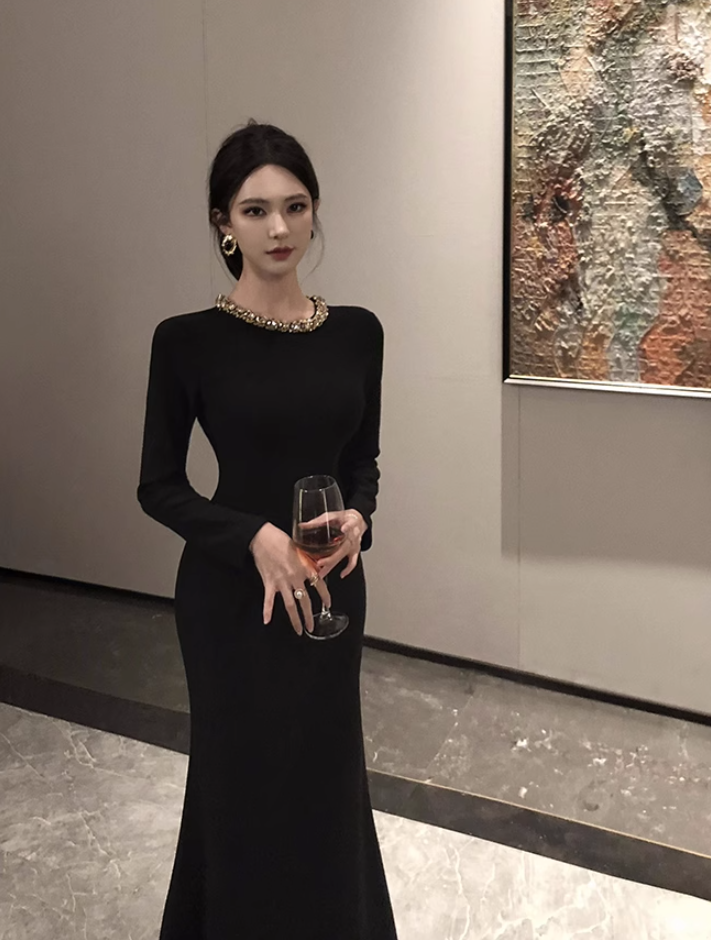 Hepburn style French black annual meeting dress high-end niche heavy backless dress R1815