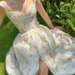 White suspenders, fresh prints, slim waist long skirt, homecoming dress R3482