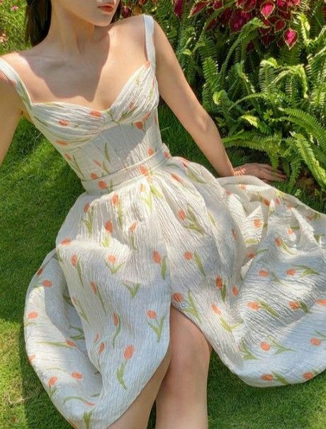 White suspenders, fresh prints, slim waist long skirt, homecoming dress R3482