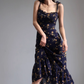 French Slim Sexy Ruffle Edge Floral Dress A-Line Waist Suspender Long Dress R2813