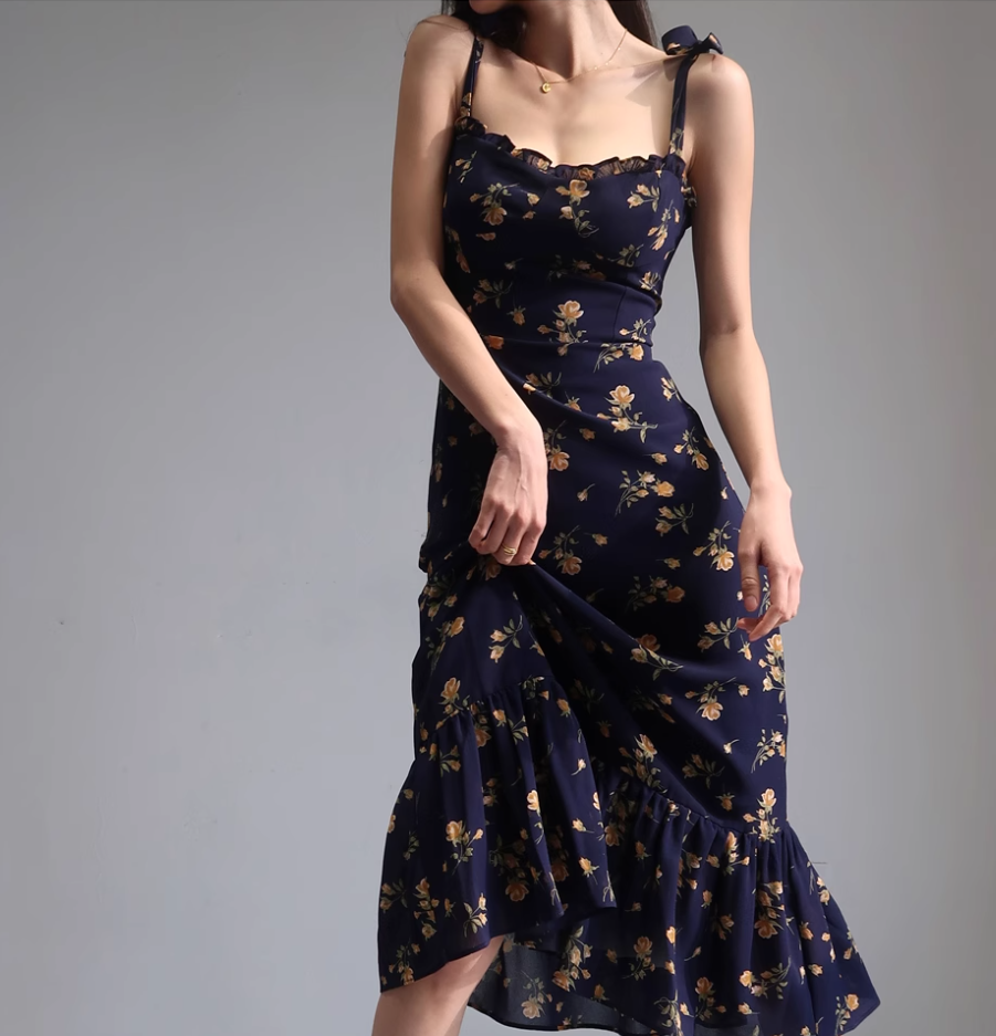French Slim Sexy Ruffle Edge Floral Dress A-Line Waist Suspender Long Dress R2813