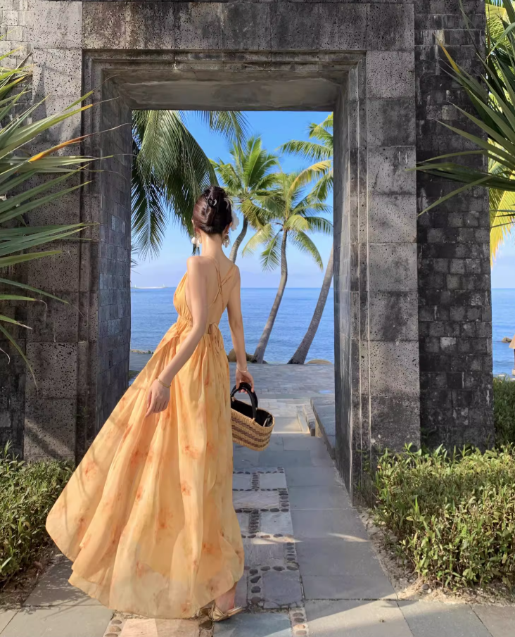 Vacation wear backless long dress beach dress island style suspender dress beach dress R1604