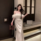 White one-shoulder dress 2025 sexy tube top hip slit banquet evening dress skirt R1528