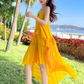Yellow V-neck design backless dress tutu skirt irregular pleated beach suspender dress R0200