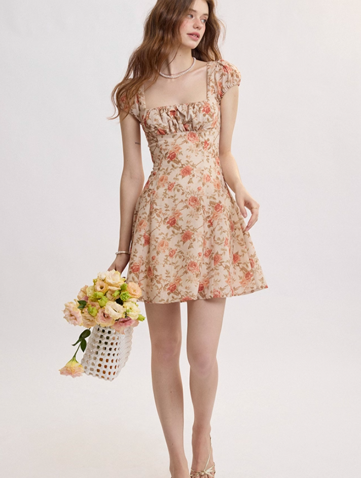 French retro style suspender skirt floral skirt dress high-end short skirt small skirt female summer R3486