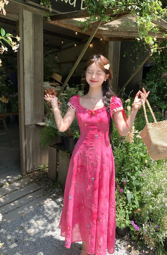 Pink cute slim waist lace design long skirt homecoming dress R3269