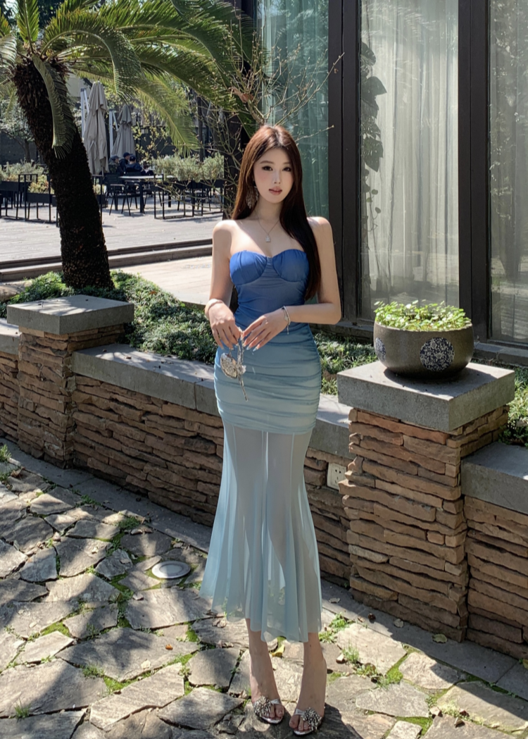 Blue gradient tube top dress 2025 new waist slim fit hip skirt R0563