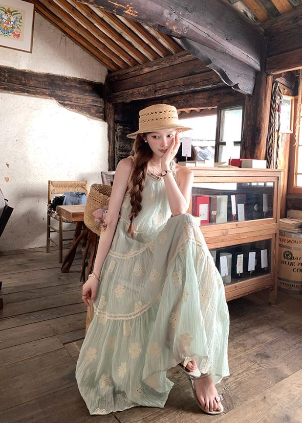 Green long sleeveless suspender dress women's summer French temperament A-line skirt R4865