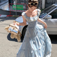Blue long chiffon printed small flying sleeve suspender dress summer French sweet slim skirt R4616