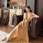 High-end satin backless v-neck halter dress with slim waist and elegant long dress R1779