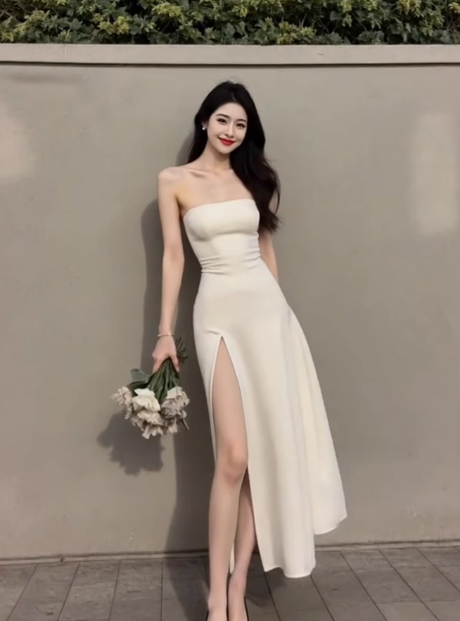 Large size French pure desire high-end tube top dress slit sexy dress long skirt R1858