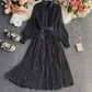 Polka dot chiffon shirt collar dress new style gentle style waist large swing pleated long skirt R0316