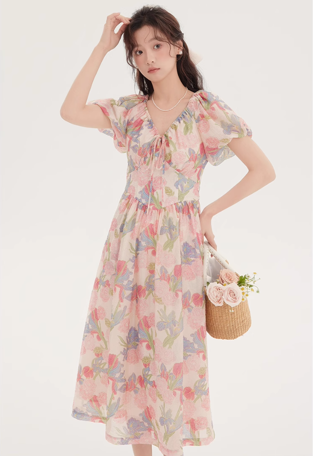 Tea break French beautiful dress 2025 new floral dress waist temperament long dress R2388