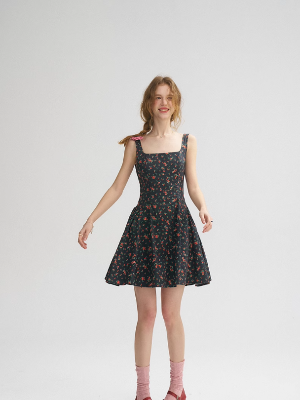 French Retro Floral Sling Dress Sleeveless Short Skirt R2704