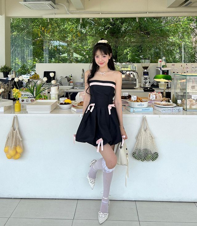 Black tube top waist slim A-line short skirt homecoming dress R4132