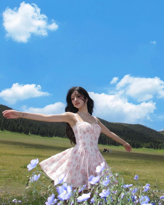 Pink floral suspenders waist A-line slim short skirt homecoming dress R3432