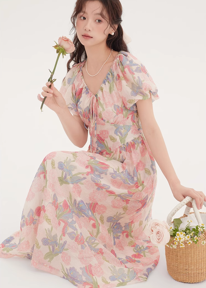 Tea break French beautiful dress 2025 new floral dress waist temperament long dress R2388